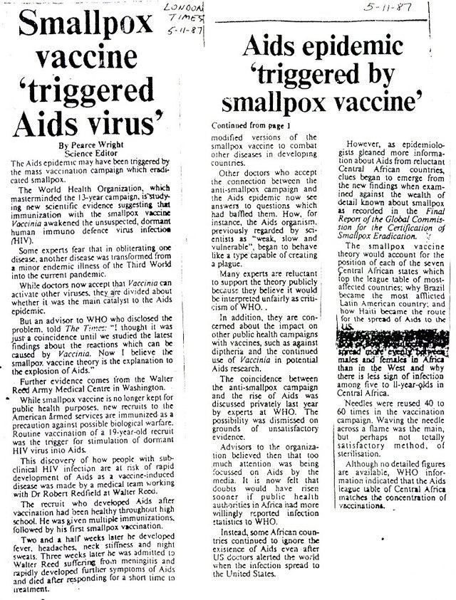 Smallpox Vaccine “triggered Aids virus” – London Times 5-11-1987